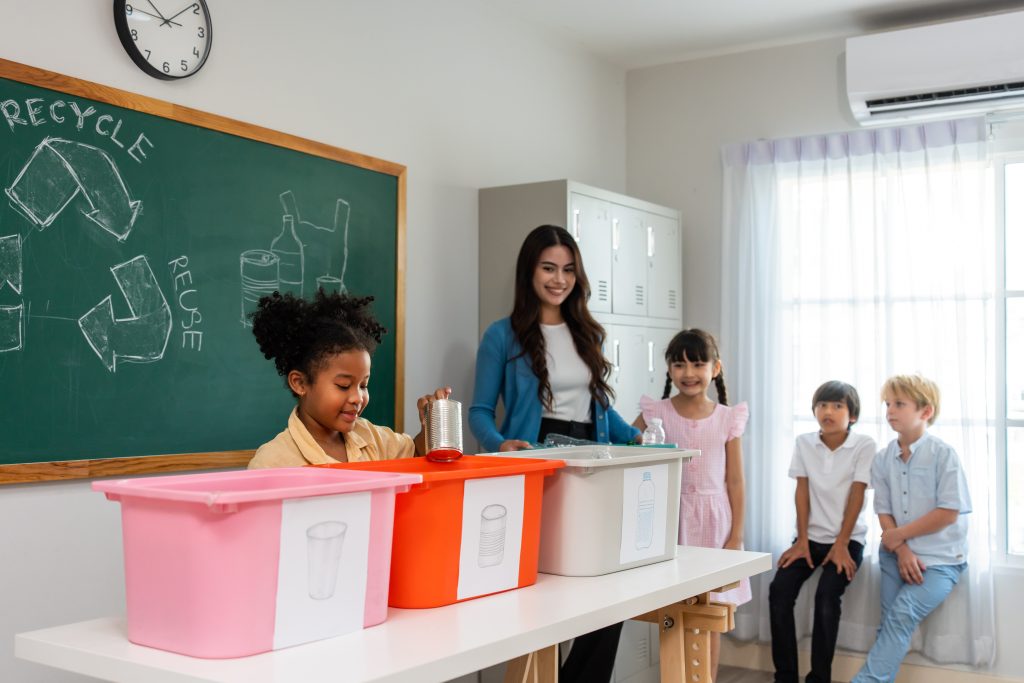 kids learn recycle from teacher in kindergarten close to sri petaling